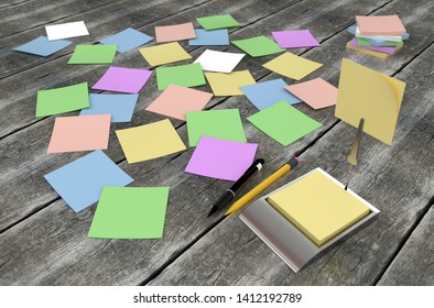 3D rendering of color adhesive notes on the surface of dark gray boards