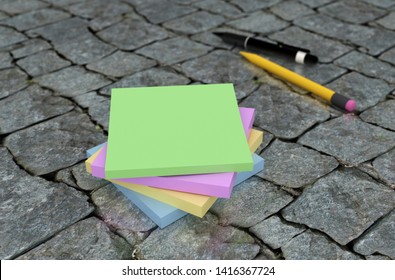3D rendering of color adhesive notes on the dark stone surface