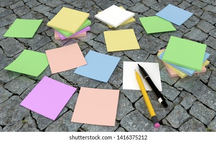 3D rendering of color adhesive notes on the dark stone surface