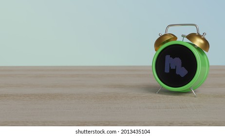 3d Rendering Of Color Alarm Clock With Symbol Of Scorpio Zodiac Horoscope On Dot Display On Wooden Table With Colored Wall