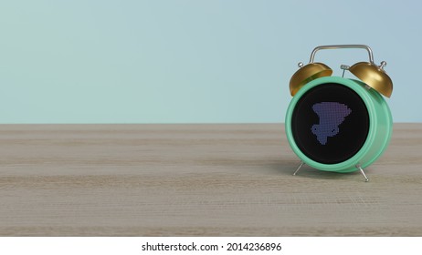 3d Rendering Of Color Alarm Clock With Symbol Of Hurricane Tornado On Dot Display On Wooden Table With Colored Wall