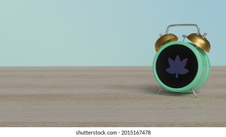 3d rendering of color alarm clock with symbol of cannabis or marijuana on dot display on wooden table with colored wall