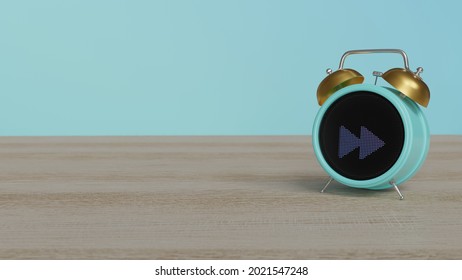 3d Rendering Of Color Alarm Clock With Symbol Of Rewind Sign On Dot Display On Wooden Table With Colored Wall
