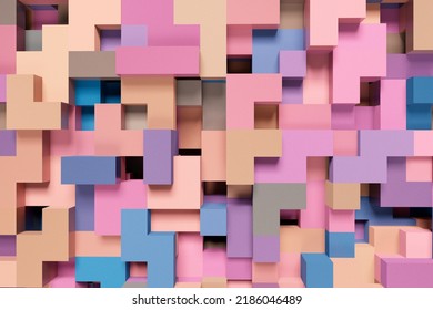 3D Rendering Colorful Abstract Geometric Wall With Cubes. Background Horizontal Format With Pastel Colors And Offset Elements. Abstract Shapes From Tetris Game. 3d Image.	