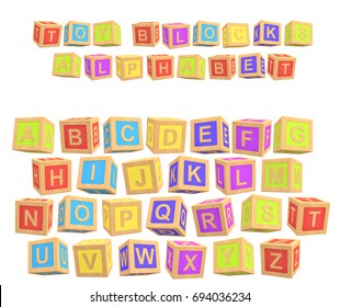 3d Rendering Of A Colorful Alphabet With A Writing Toy Blocks Alphabet Above All Letters. Primary Education. Kindergarten. Preschool Learning.