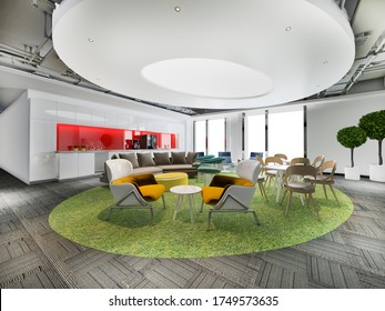 3d Rendering Colorful Business Co Working Space And Meeting And Kitchen Pantry On High Rise Office Building 