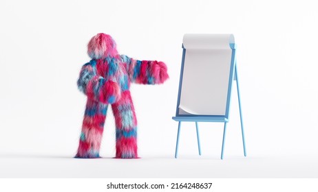 3d rendering, colorful cartoon character, hairy Yeti stands near the easel with blank board for presentation. Funny furry toy. Conference speaker concept. Clip art isolated on white background