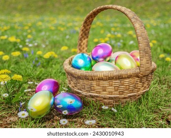 3D rendering of colorful easter eggs in wicker basket placed in the grass field