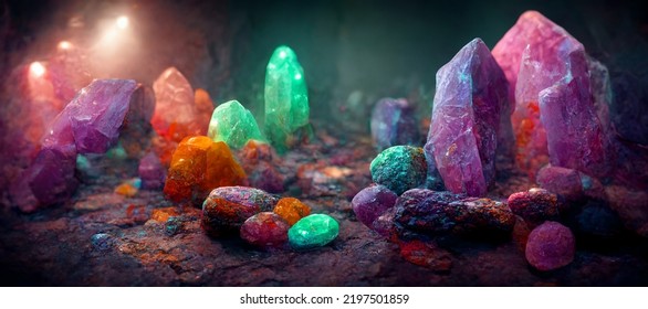 3D Rendering. Colorful Gemstones Inside A Magical Cave. 3D Illustration