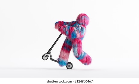 3d rendering, colorful hairy beast Yeti rides scooter, furry monster cartoon character having fun. Fluffy toy in active pose, isolated on white background