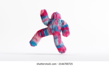 3d rendering, colorful hairy beast Yeti runs, furry monster cartoon character walking or dancing. Fluffy toy in active pose, isolated on white background.