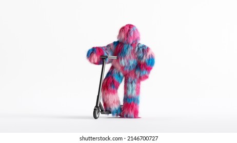 3d rendering, colorful hairy beast Yeti stands near the scooter vehicle, furry monster cartoon character. Fluffy toy isolated on white background