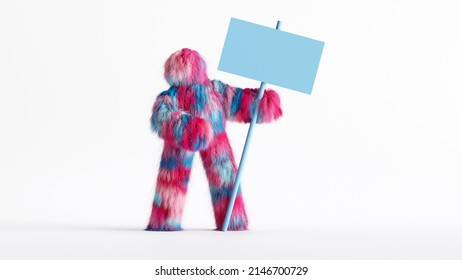 3d rendering, colorful hairy Yeti cartoon character holds blank banner, funny furry toy, mockup isolated on white background. Strike concept