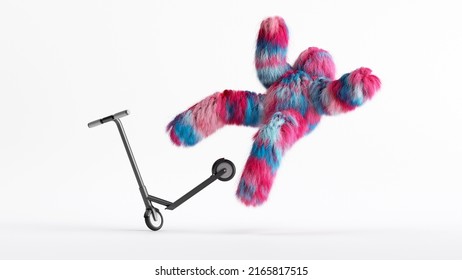 3d rendering, colorful hairy Yeti monster falls from scooter vehicle, furry beast cartoon character. Accident injury concept. Fluffy toy isolated on white background