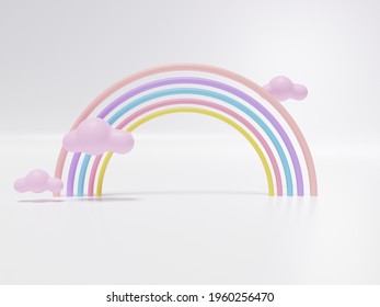 3D Rendering Of Colorful Pastel Clouds And Rainbow With Empty Space For Kids Or Baby Products.