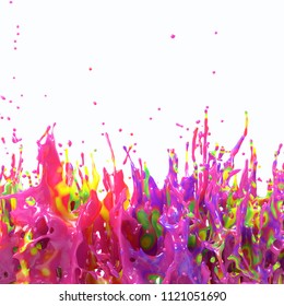 3d rendering of colorful splash. Many colors diffuse in one liquid drop. Abstract paint explosion on white background. Glossy oily fluid with rainbow stains. Mixed different pigments.