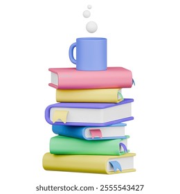 3D Rendering Colorful Stack of Books with a Mug