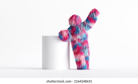3d rendering, colorful Yeti cartoon character, funny pink blue hairy monster stands near the big blank box. Festive clip art isolated on white background