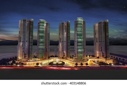 3d Rendering Commercial Residential Complex Night Stock Illustration ...