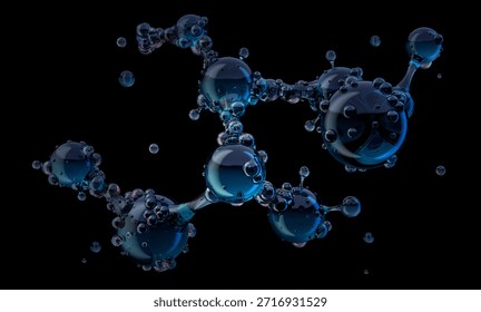 3D rendering of a complex chemical molecular compound. Glossy, transparent dark blue spheres, resembling oil drops, molecules, atoms, polymers. Science, nanotechnology, biotechnology abstract background