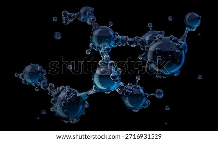 3D rendering of a complex chemical molecular compound. Glossy, transparent dark blue spheres, resembling oil drops, molecules, atoms, polymers. Science, nanotechnology, biotechnology abstract background