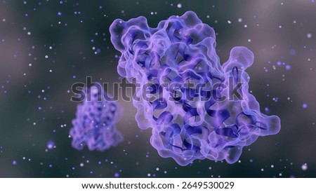 3D rendering of complex leptin protein molecular structures at a microscopic level. The "satiety hormone" signals to the brain that body has enough energy stores and helps you feel full.