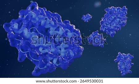 3D rendering of complex leptin protein molecular structures at a microscopic level. The "satiety hormone" signals to the brain that body has enough energy stores and helps you feel full.