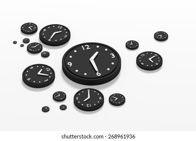 3d rendering of a composition with a lot of black clocks