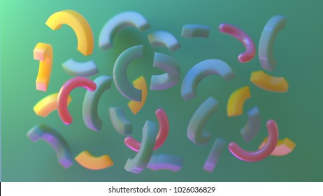 3d rendering of composition with many arcs floating in space. Abstract modern background. Close up selective focus. Shallow DOF. Subsurface scattering materials. Jelly objects. 