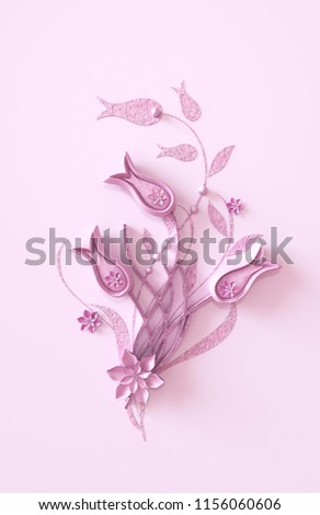 3d rendering. Composition of pink lilac paper flowers, botanical design, floral arrangement, wall decor, postcard.