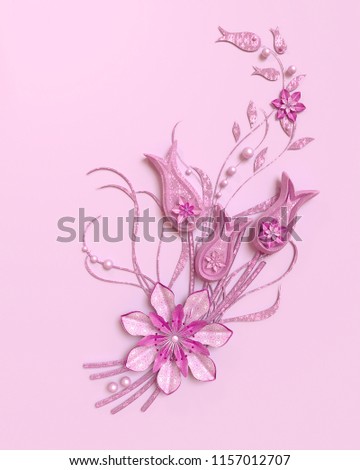 3d rendering. Composition of pink lilac paper flowers, botanical design, floral arrangement, wall decor, postcard.