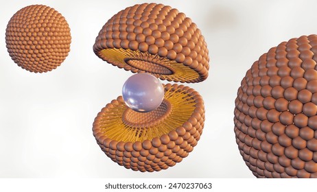 3d rendering of compromised liposome releasing its contents. Magnified image of a liposome, showing leakage of its encapsulated material.