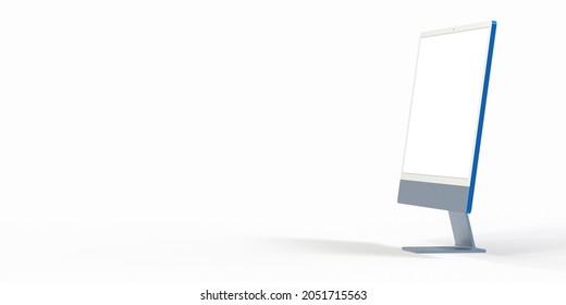 A 3D rendering of a computer with a blank screen with copy space on a white background