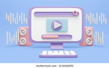 3D Rendering of computer desktop screen with search bar play button loading icon and speaker with sound icon on background concept of music  on internet. 3D render illustration cartoon style. 