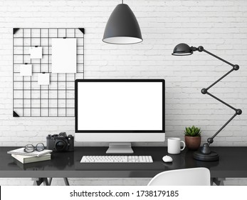 3d rendering computer isolated white display for mockup. Computer, cactus, coffee, keyboard, mouse on desk. - Shutterstock ID 1738179185