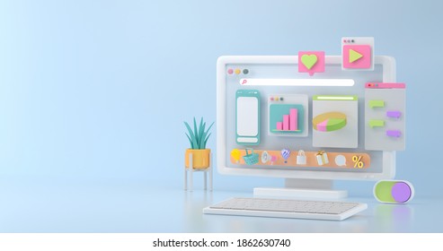 3d Rendering Of Computer Mockup And Social Icon.
