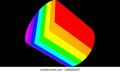 3D Rendering. A Computer Modeled Circular Prism With A Pattern Of Lines Of Many Colors On A Black Background. Three-dimensional Figure With Stripes In The Colors Of The Rainbow. A Tube With Colors