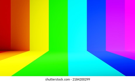 3D Rendering. Computer Modeled Room Where You Can See The Floor And The Wall With A Texture Of Lines Of Many Colors. Room With The Colors Of The Rainbow In An Empty Room To Display Products