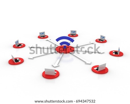3d rendering Computer network with WiFi