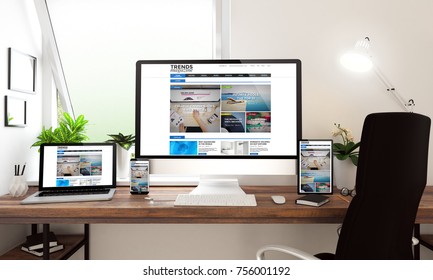3d rendering of computer, notebook, tablet and smartphone showing modern web blog design