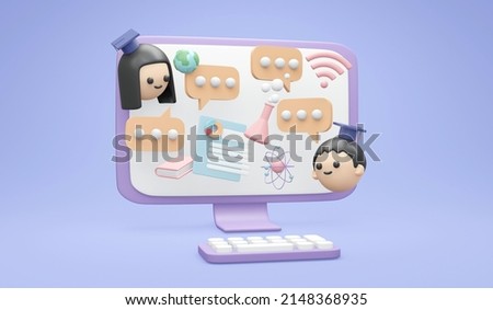 3d rendering of computer with student chatting about study science concept of online studying education. 3d render illustration cartoon style.