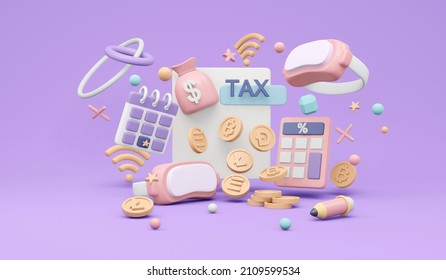 3D Rendering of computer with tax and metaverse glasses and cryptocurrency money coins concept of crypto tax duty on background. 3D render illustration cartoon style. 