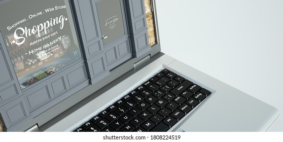 3D rendering of a computer with a traditional shop on the screen  - Powered by Shutterstock