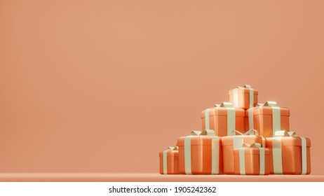 3D Rendering concept of anniversary: stack of gift boxes for commercial design. Orange Theme. 3D render.