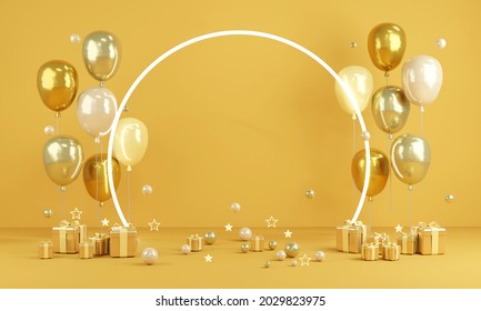 3D Rendering concept of birthday valentine wedding party event background or for commercial. Yellow theme balloons with light and paper copy space for text and gift on background. 3D Render. - Powered by Shutterstock