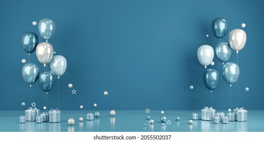 3D Rendering concept of birthday valentine wedding party event background or for commercial in blue theme balloons with blank wall on background. 3D Render. - Powered by Shutterstock