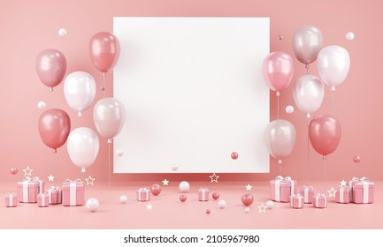 3D Rendering concept of birthday valentine's day wedding party event background in pink theme balloons with blank paper copy space for text and gift on background. 3D Render. - Powered by Shutterstock