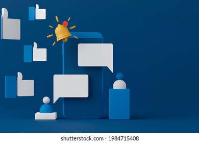 3d rendering concept chat application with icons on dark blue background.