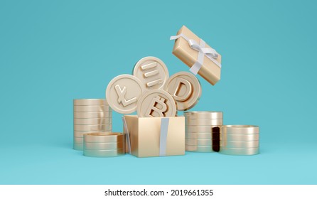 3D Rendering concept of cryptocurrency. Cryptocurrency symbols on coins explode out from gift box on background. 3D Render. 3d illustration. Minimal idea style. Bitcoin, Ethereum, Dogecoin, litecoin. - Powered by Shutterstock