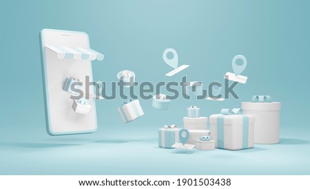 3D Rendering concept of E-commerce, online store shopping: smartphone with gift boxes and location service symbols for commercial design. 3D render.
